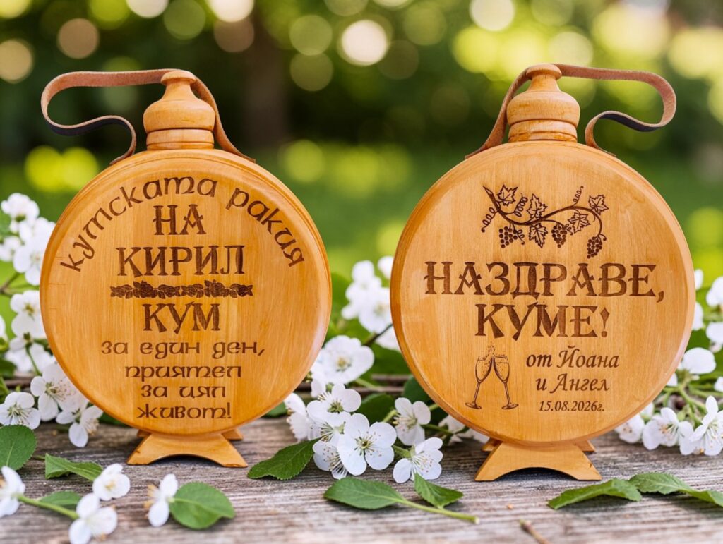 кумска бъклица за кумове с гравиране