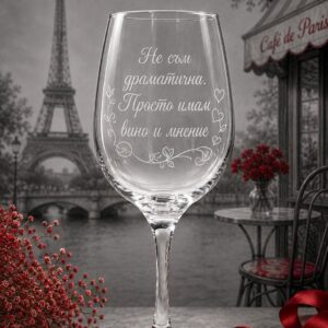 Гравирана чаша за вино „Не съм драматична. Просто имам вино и мнение.“